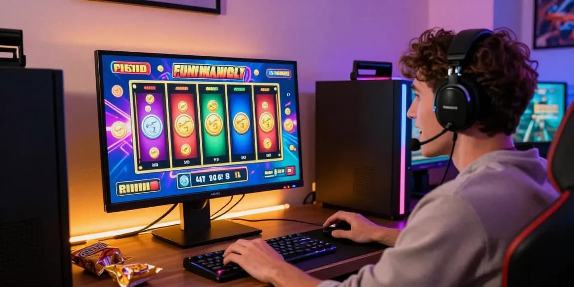 Excited gamer enjoying online slot games at a vibrant gaming desk.