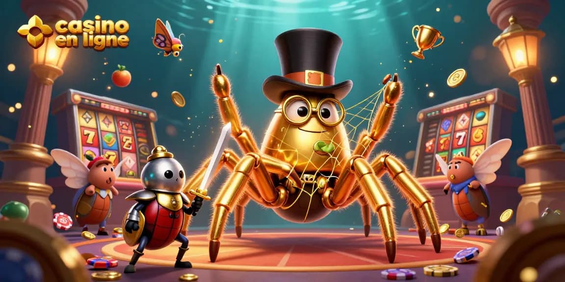 Il s'agit d'une scène dynamique dans un casino en ligne avec une tarentule dorée, un petit chevalier, et des symboles de jeu.