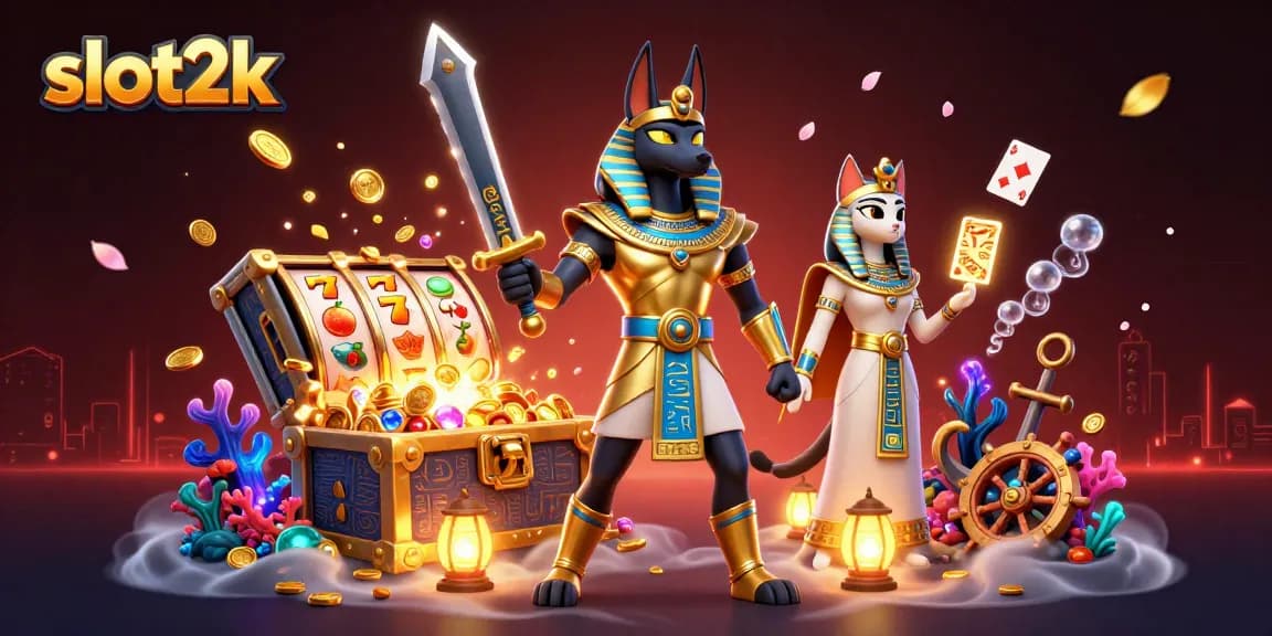 Experience the thrill of slot2k with Anubis and Bastet surrounded by vibrant casino elements.