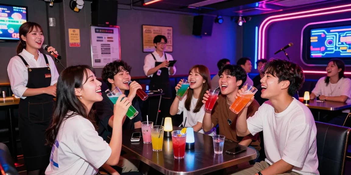 Experience lively 제주도유흥 nightlife with friends singing at a vibrant karaoke bar filled with colorful drinks and neon lights.
