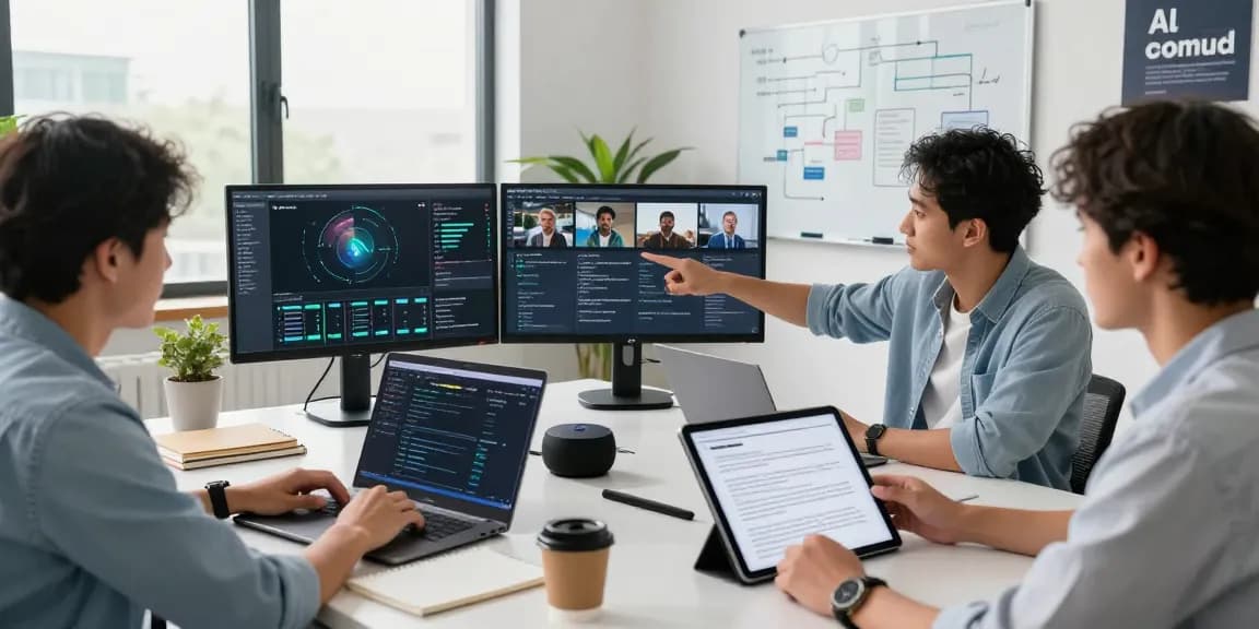Dynamic team using an ai detector for image and video moderation in a modern office.