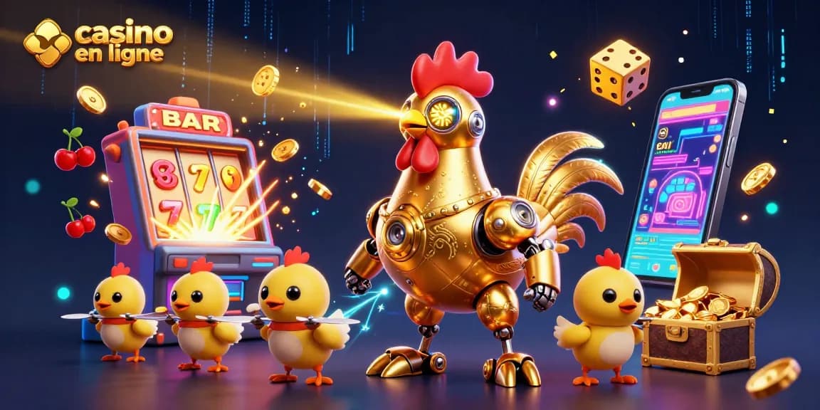 Découvrez le casino en ligne avec un robot en or et des drones, explosant de pièces dorées.