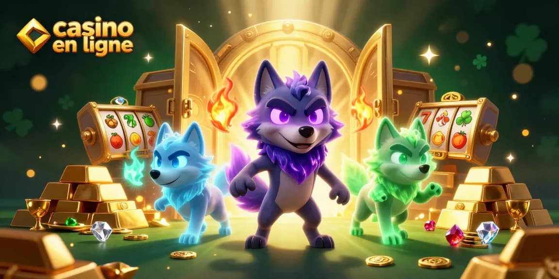 Profitez d'une illustration 3D captivante de casino en ligne avec des loups spectres et des trésors étincelants.
