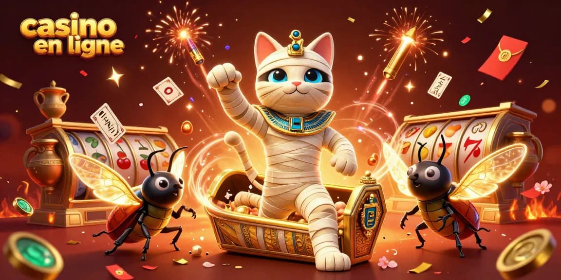 Des jeux de casino en ligne s'animent avec un chat momie égyptien et des éléments festifs.