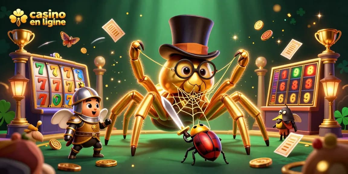 Une illustration dynamique de casino en ligne avec une tarentule dorée, un chevalier scarabée et des éléments de jeu captivants.