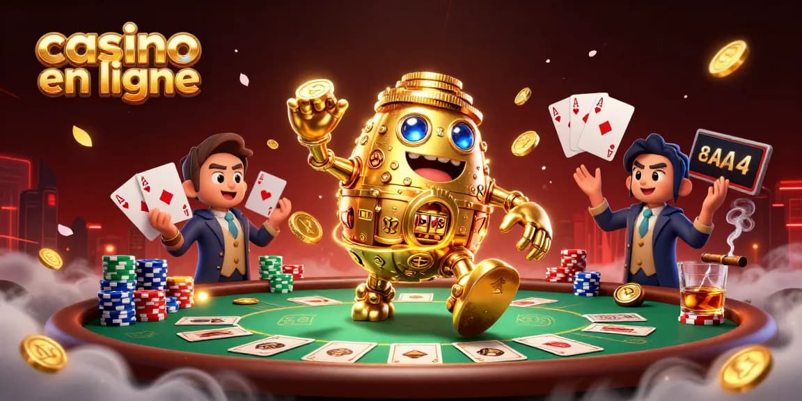 Découvrez un golem doré animé, un casino en ligne vibrant avec des cartes et des jetons.