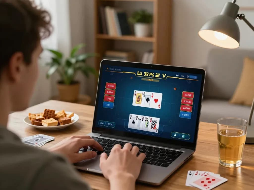 Player analyzing poker strategies on hidden wiki while enjoying a cozy home gaming experience