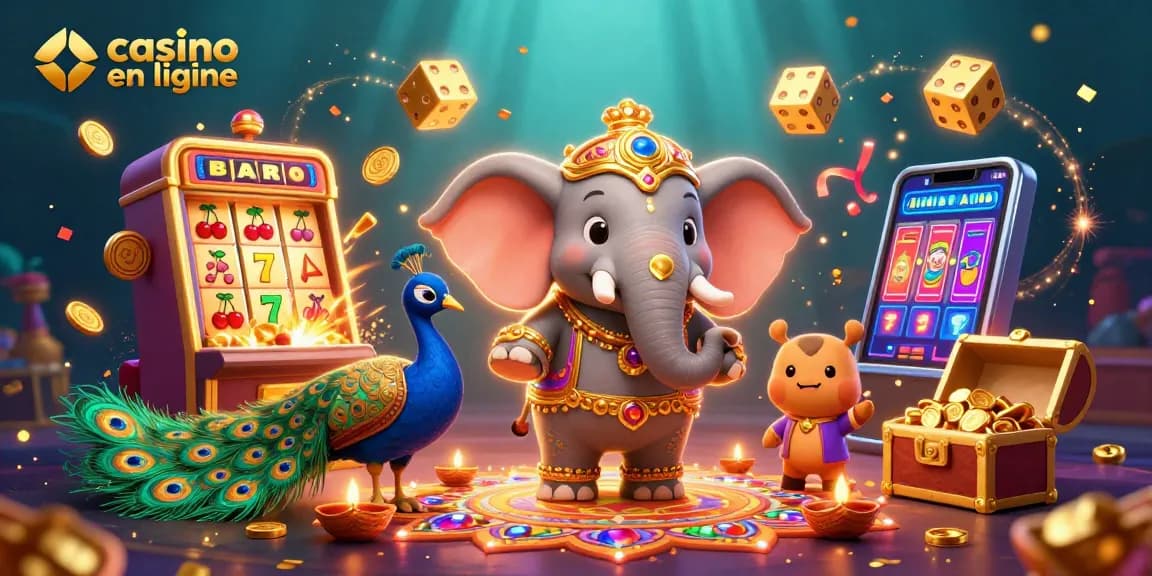 Engagez-vous dans le casino en ligne avec un éléphant Diwali, des machines à sous et des effets d'argent.