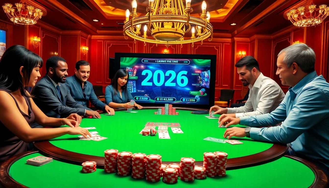 Vivez l'excitation du casino en ligne Français 2026 avec une scène de poker vibrante.