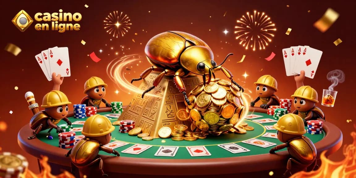 Illustration d'un casino en ligne avec un scarabée doré et des jeux de cartes.