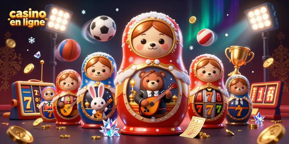 Rejoignez le plaisir du casino en ligne avec des ours Matryoshka et des éléments de jeu captivants.