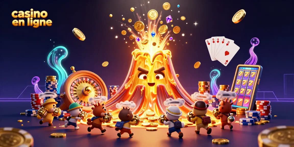 Gagnez au casino en ligne avec cette illustration dynamique illustrant un volcan doré déversant des trésors.