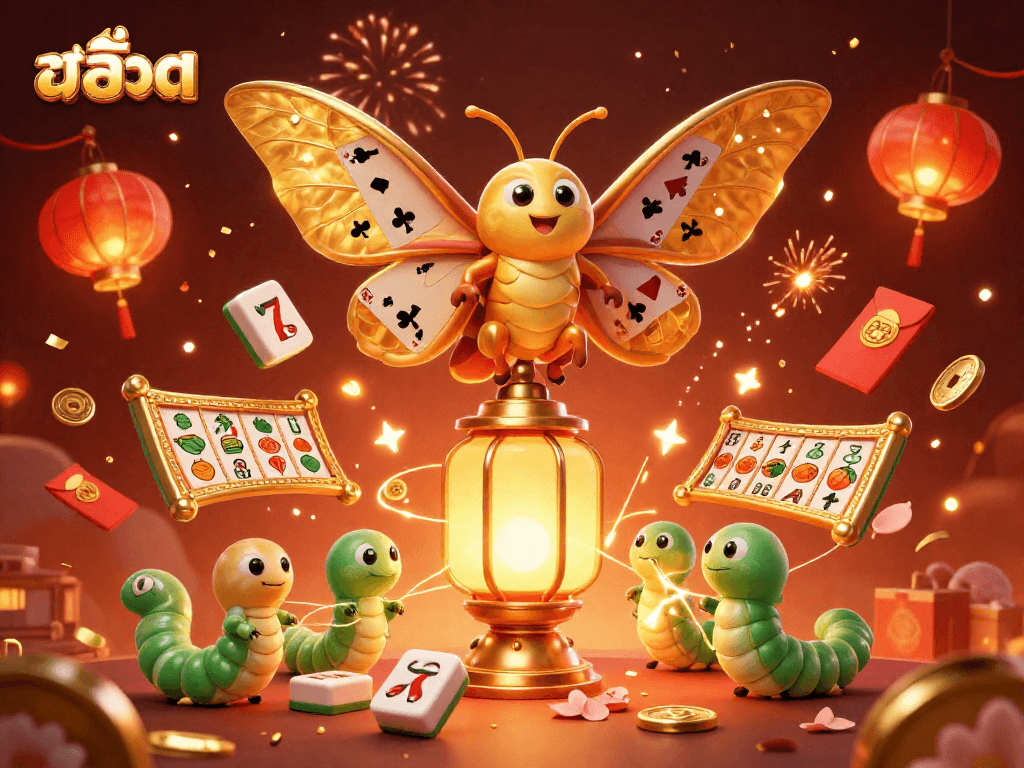 Engage with สล็อต with an animated scene of a mythical moth and festive casino elements.