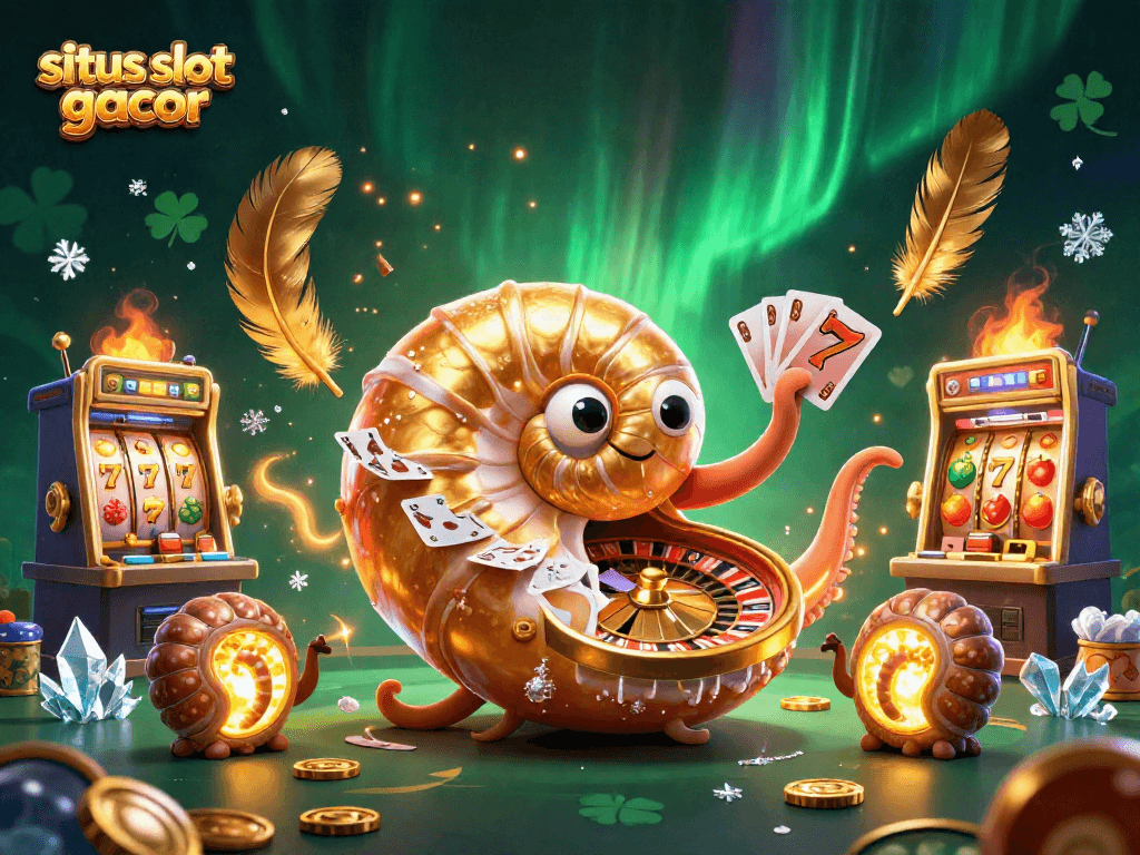 Experience excitement with situs slot gacor featuring a giant nautilus roulette wheel holding cards in a vibrant casino scene.