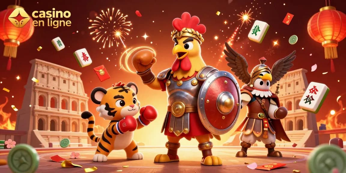 Vivez l'excitation du casino en ligne avec un combattant en armure et un tigre dans un décor vibrant.