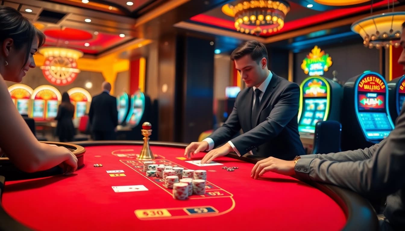 Exciting U88 poker game with professional dealer and vibrant casino atmosphere.
