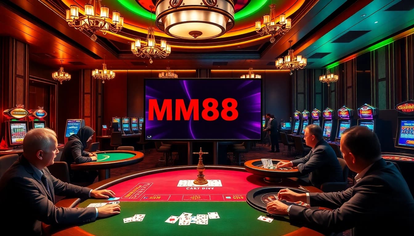 Engaged players enjoying an exciting MM88 gaming session with vibrant casino elements.