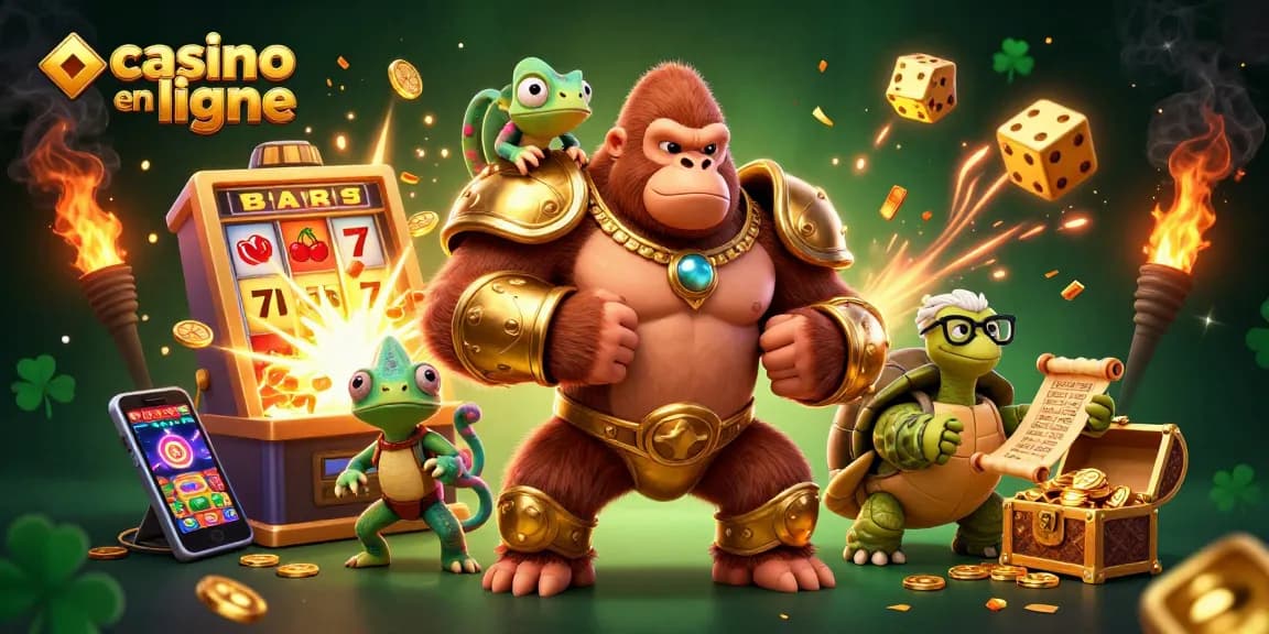Le casino en ligne : le gorille roi et ses alliés entourés de machines à sous et de jetons
