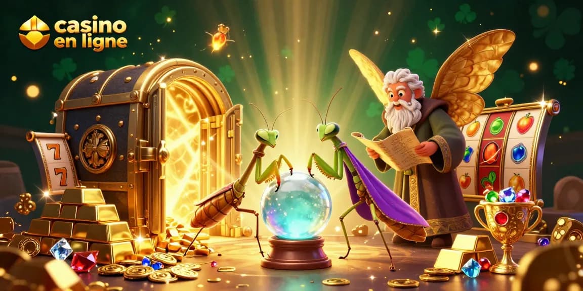 Vivez l'excitation d'un casino en ligne avec cette illustration dynamique de personnages mystiques entourés de trésors d'or et de machines à sous