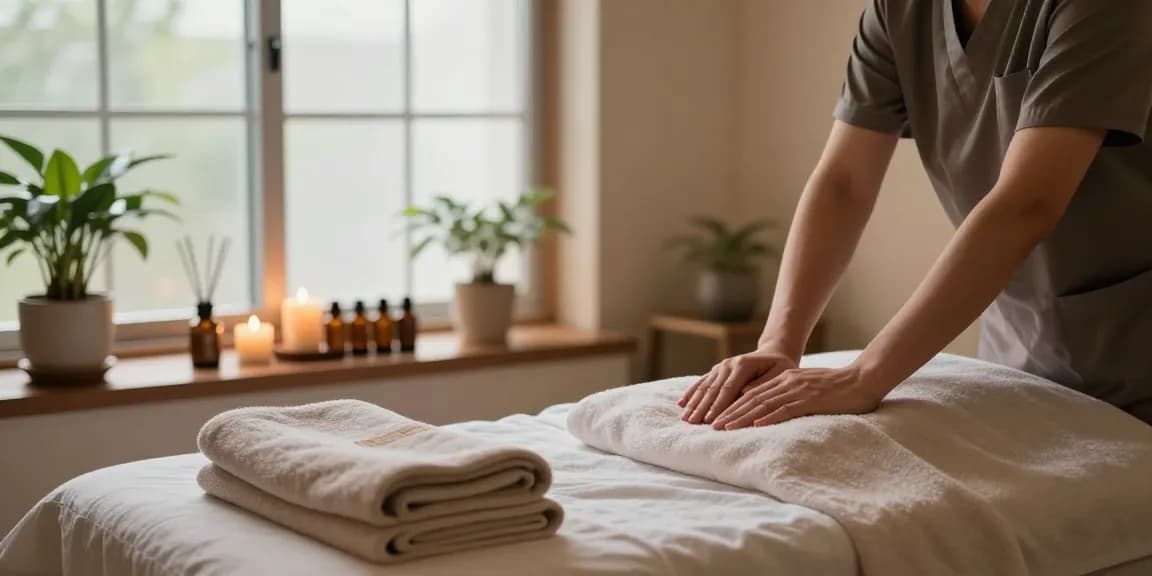 Relaxing wellness spa in a 1인샵 showcasing therapeutic preparation for a soothing massage session.