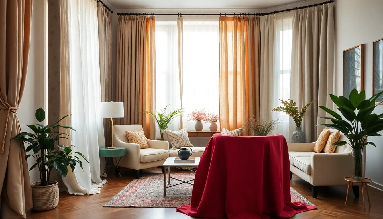 Bekijk verduisterende gordijnen in een sfeervolle woonkamer met stijlvolle meubels.