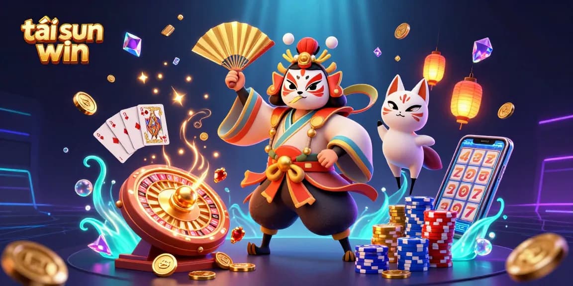 Spin and win at tải sun win with a captivating 3D casino illustration featuring kabuki characters amidst golden coins and roulette wheels.