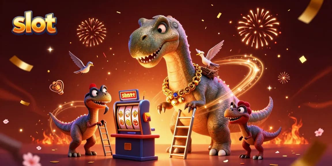 Experience thrilling slots with a playful brontosaurus and clever raptor in a vibrant casino scene.