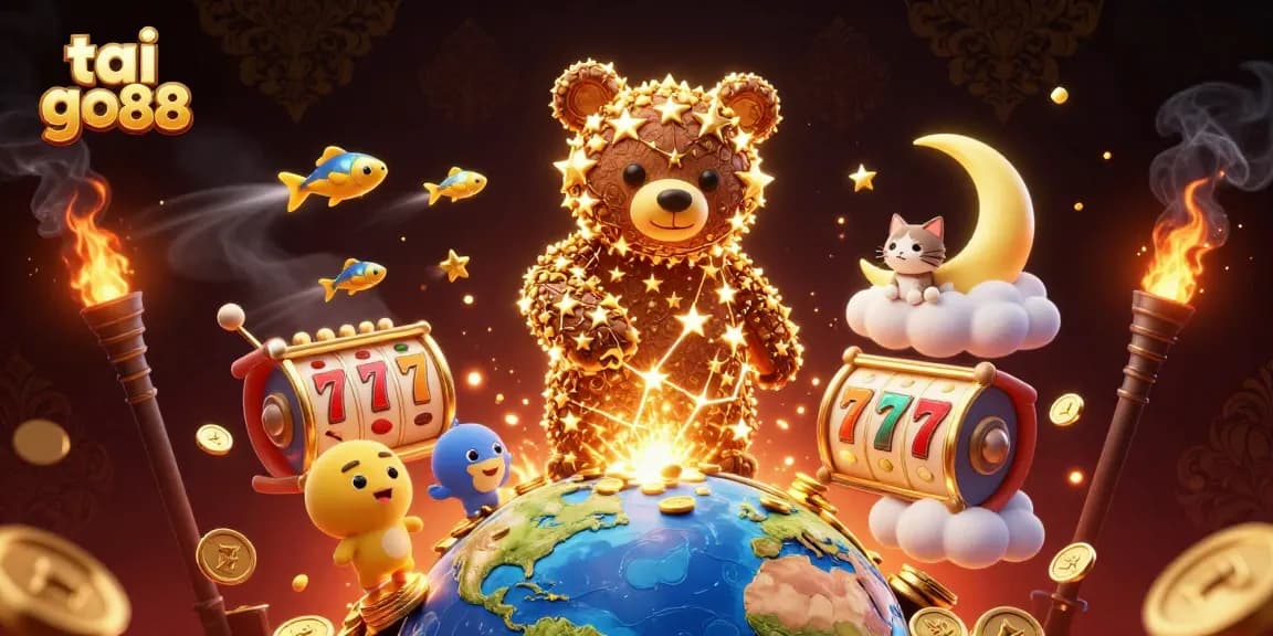 Tai go88 shines with vibrant casino elements and a magical bear scooping coins in this enchanting illustration.