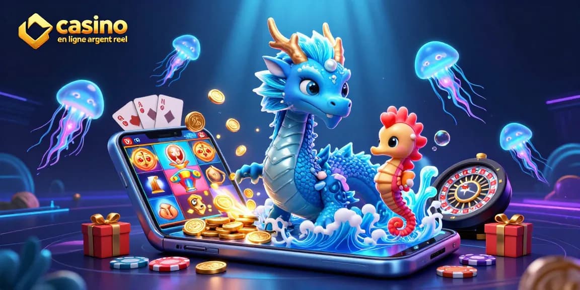 Découvrez le casino en ligne argent réel avec un dragon azur et un chevalier hippocampe jouant à des jeux captivants.