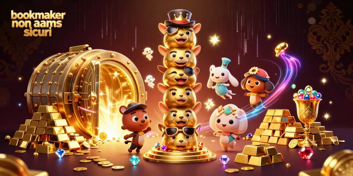 Scopri i bookmaker non AAMS sicuri con il totem dorato e tesori scintillanti in un'illustrazione casinò accattivante.