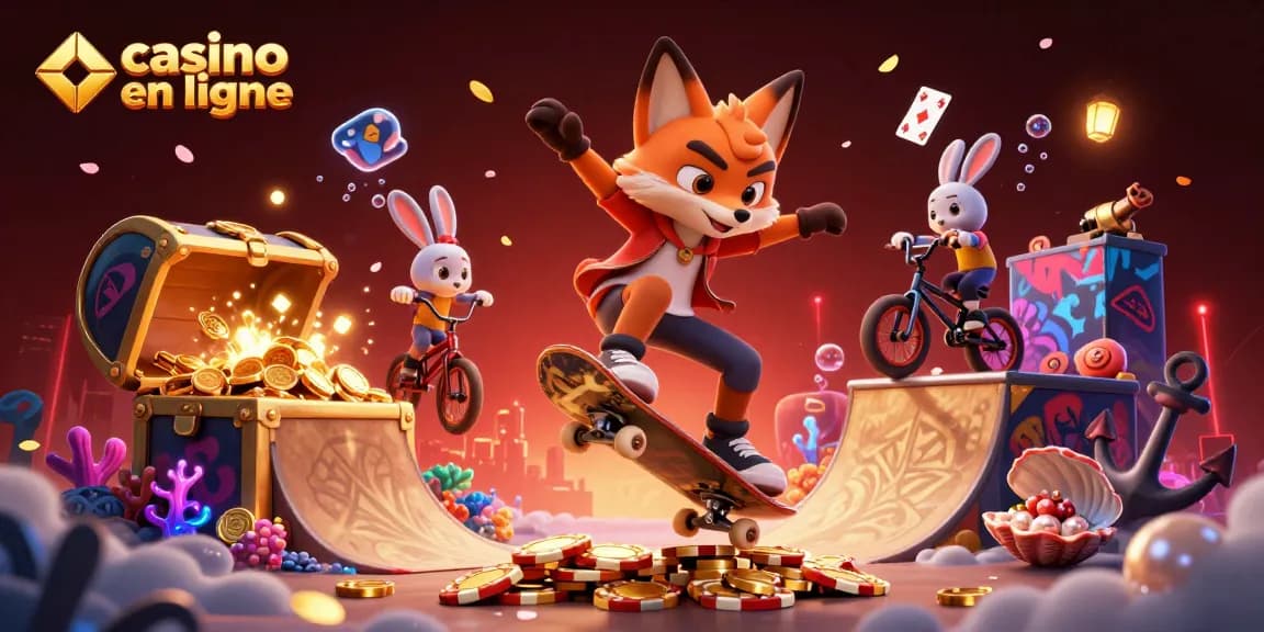 Casino en ligne : illustration dynamique d'un renard skateboarder et d'un lapin BMX entourés de trésors sous-marins.