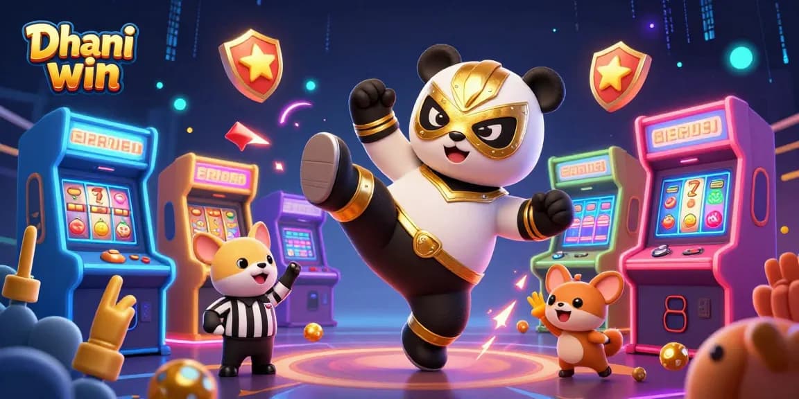 Dhani win gaming scene showcasing exciting slots, colorful characters, and electrifying arcade action.