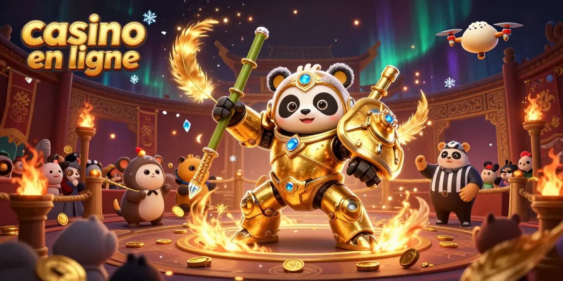 Illustration dynamique représentant un panda en armure dans un casino en ligne vibrant.
