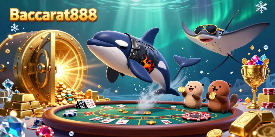 Baccarat888 players enjoy a lively scene with an orca, stingray, and otters, surrounded by baccarat tables and gold treasures.