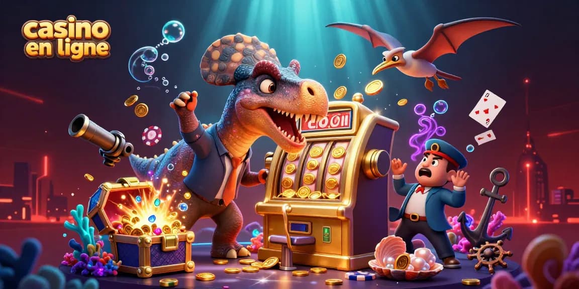 Illustration dynamique représentant un casino en ligne avec un pachycephalosaurus et un ankylosaure, mettant en valeur l'excitation des jeux.