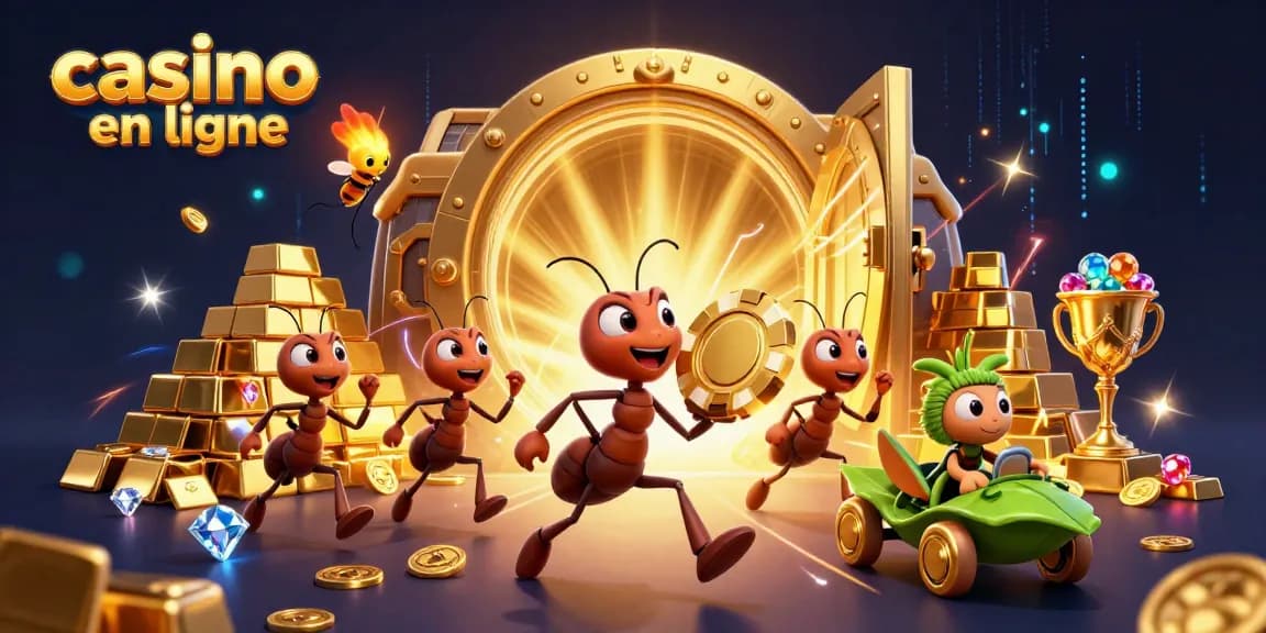 Les fourmis du casino en ligne transportent une chip dorée à travers un tunnel lumineux.