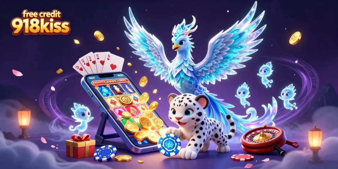 Engage in thrilling gameplay with free credit 918kiss, featuring an ice phoenix, poker chip, and dynamic slot elements.