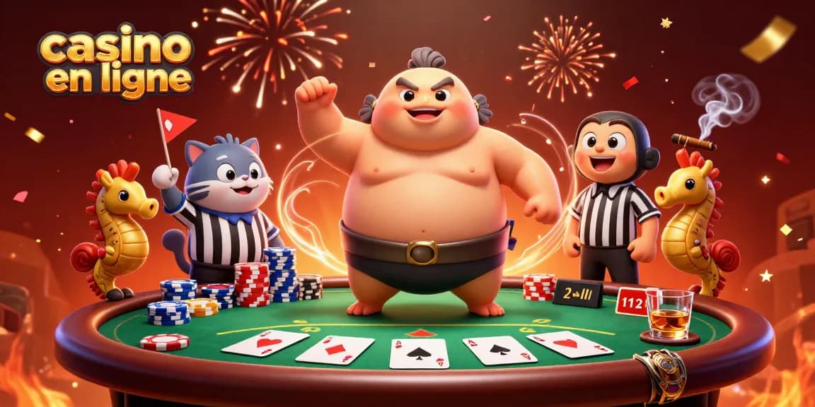 Jeux captivants au casino en ligne avec des personnages animés, cartes de poker et ambiance festive.