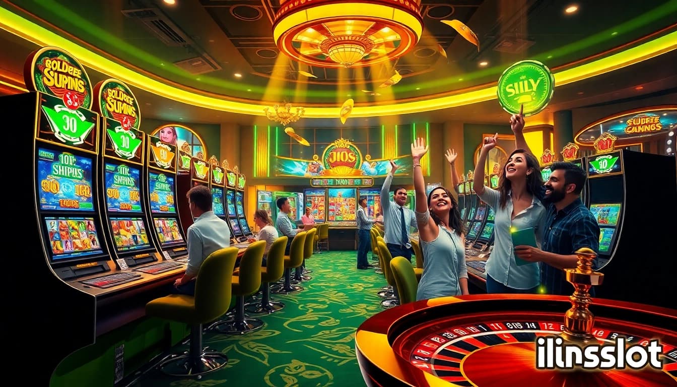 Excited players enjoy idnslot games among colorful slot machines in a vibrant casino atmosphere.