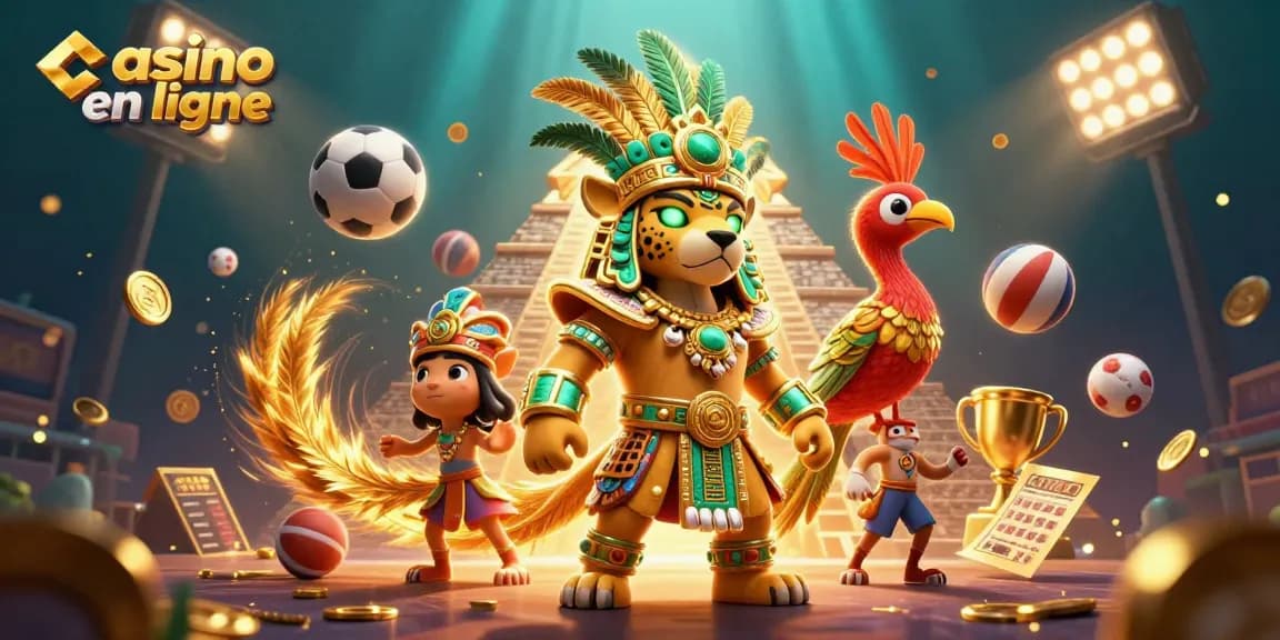 Pariez au casino en ligne avec un jaguar maya, des oiseaux exotiques et des éléments sportifs lumineux.