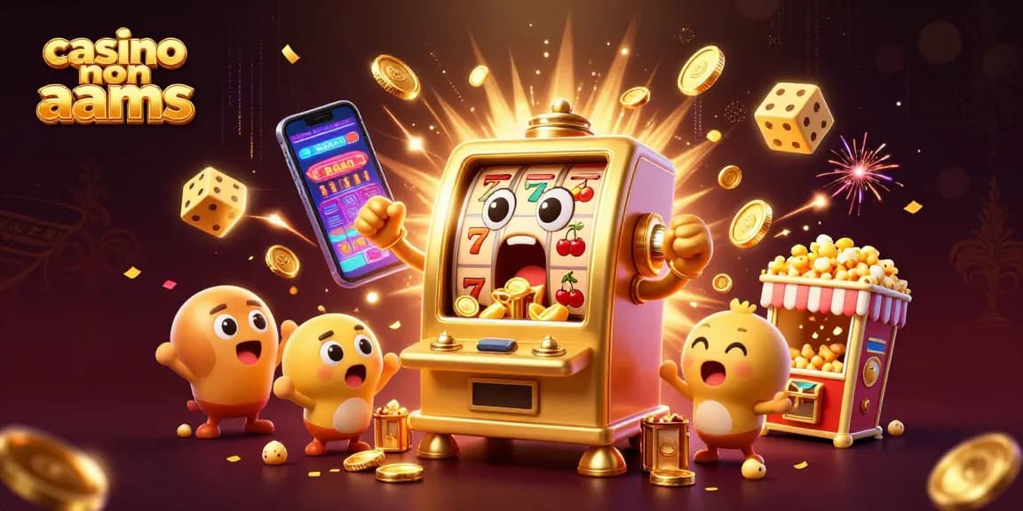 Slot machine dorata che vince nel casino non AAMS con monete che escono e altri personaggi festosi