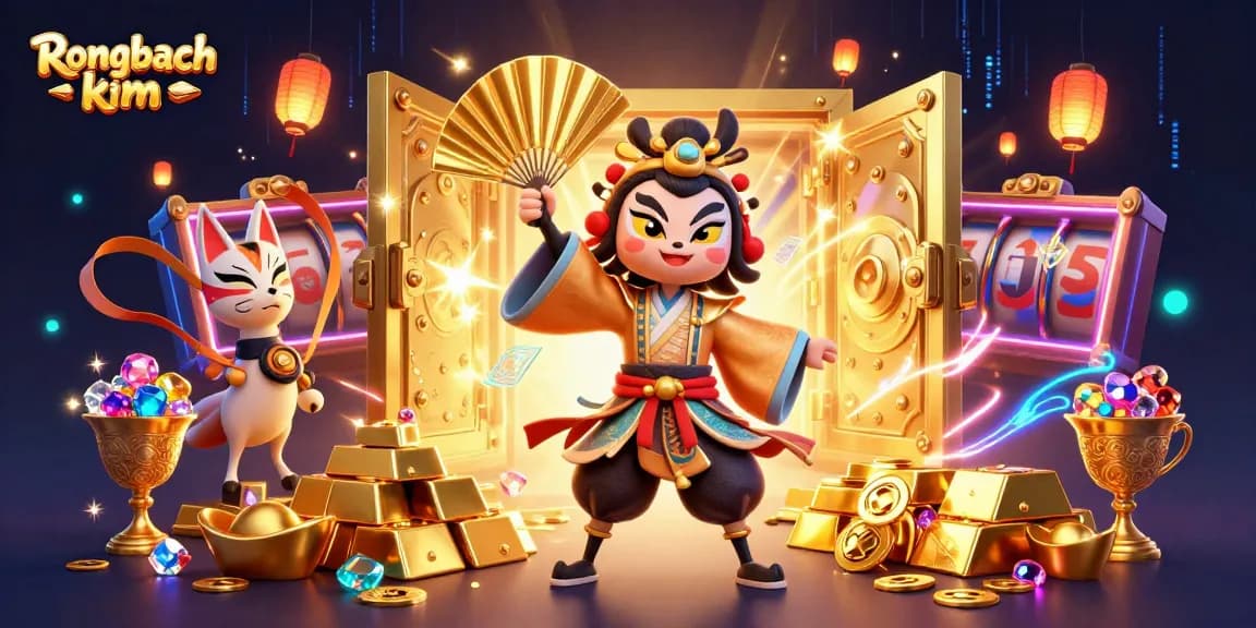 Experience the thrill of Rongbach kim with a vivid slot-themed 3D illustration showcasing dynamic characters and vibrant casino elements.