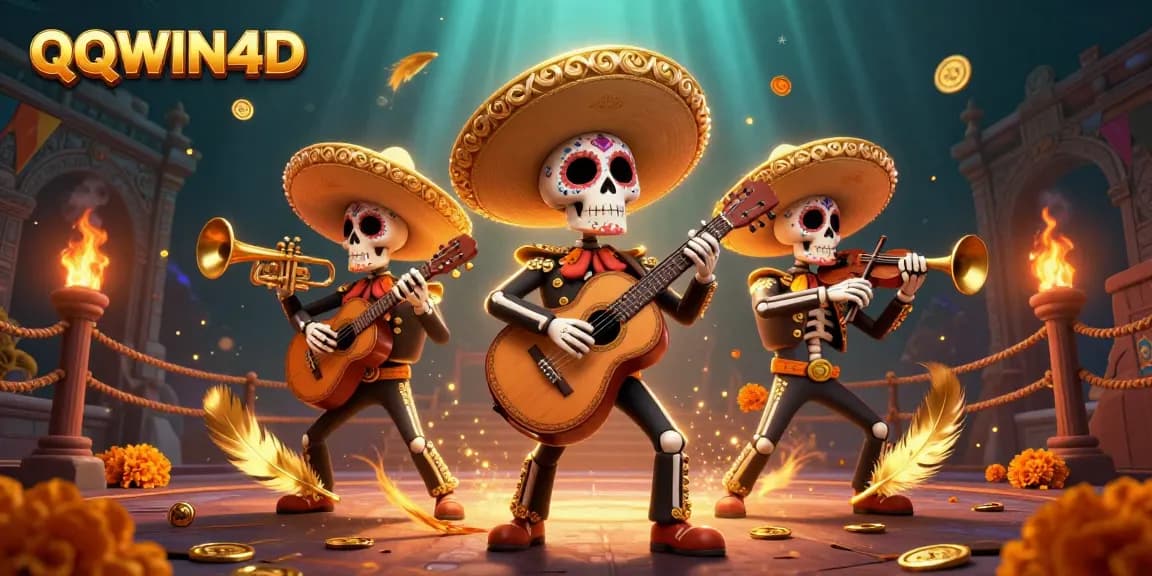Memainkan QQWIN4D, tiga karakter mariachi tengkorak terlihat dikelilingi koin emas dalam permainan yang meriah.