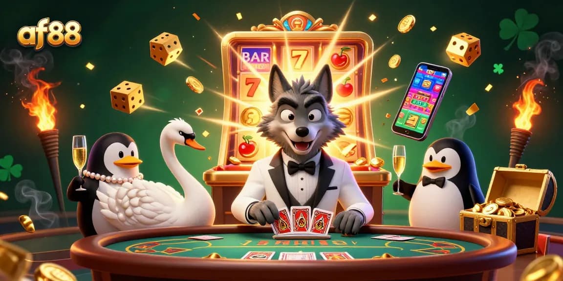 Experience winning moments at af88 with vibrant 3D casino illustration of characters at a jackpot.