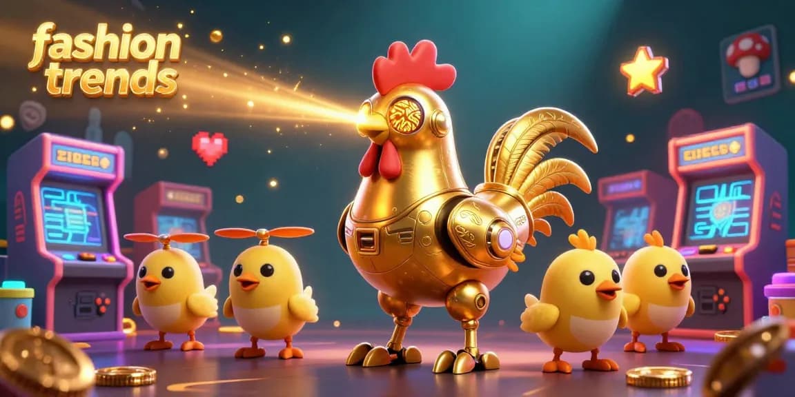 Experience fashion trends with bright gaming action featuring a golden rooster robot in a vibrant casino.