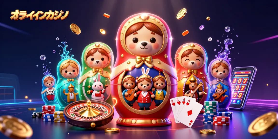 オンラインカジノのルーレットを囲むロシアのマトリョーシカやディーラーの小熊たちの3Dイラスト