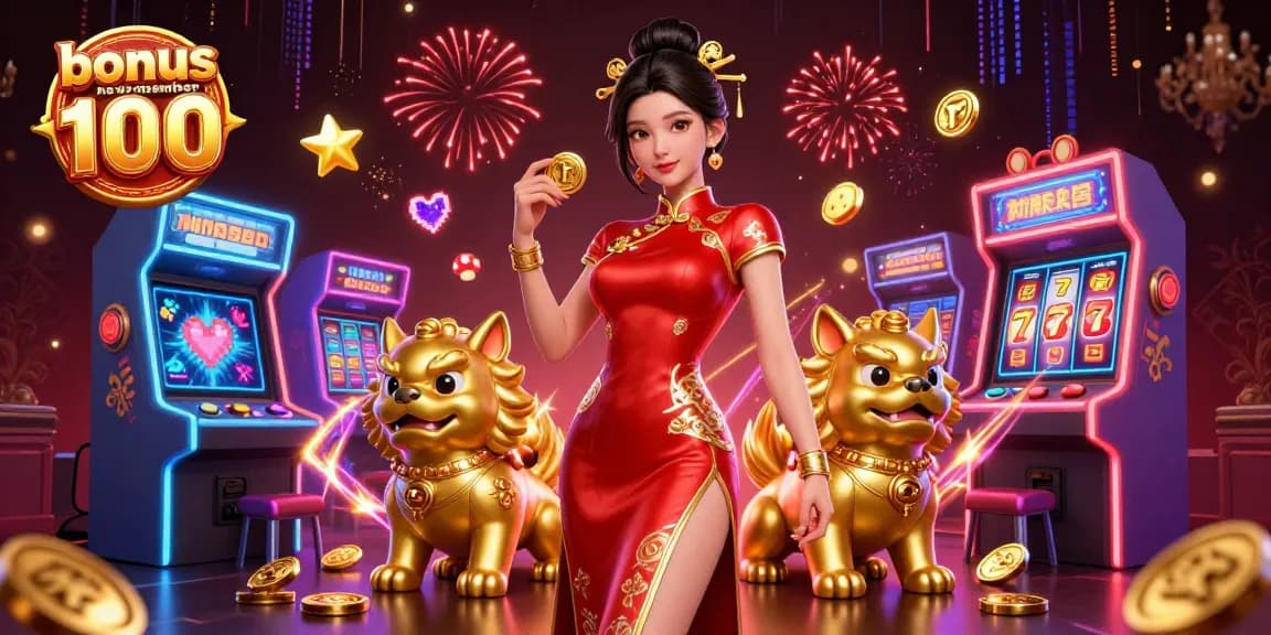 Experience the excitement of bonus new member 100 at our casino, featuring a glamorous woman and fun gaming elements.