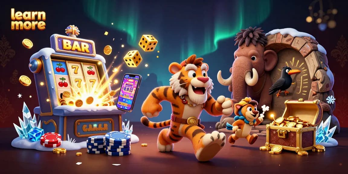 Join the excitement to learn more about casino gaming with a cartoon caveman and tiger duo.