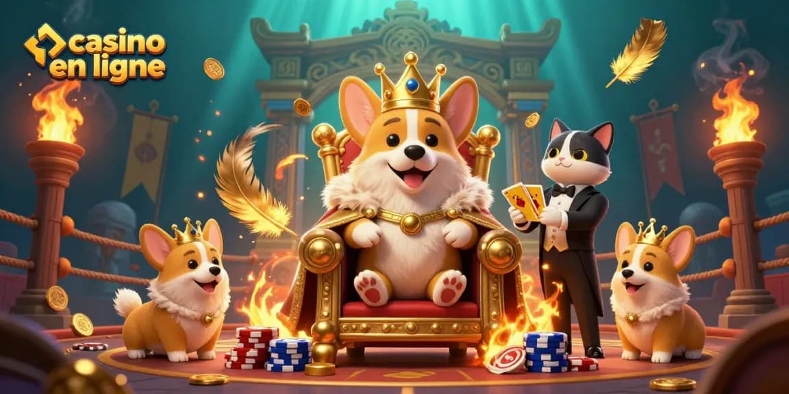 Jouez dans un casino en ligne avec des personnages animés entourés de jeux d'argent et de jetons en or.
