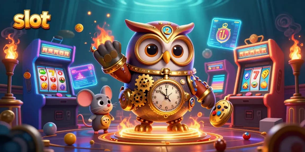 Slot gacor dengan karakter burung hantu penjelajah dan mouse di kasino vintage, dikelilingi mesin arcade 3D yang berwarna-warni.